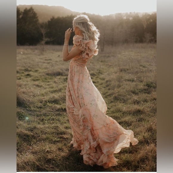 Mac Duggal 67803 Floral Chiffon Cutout Ruffle Shoulder Ball Gown Maxi Dress sz 8 - Picture 10 of 15